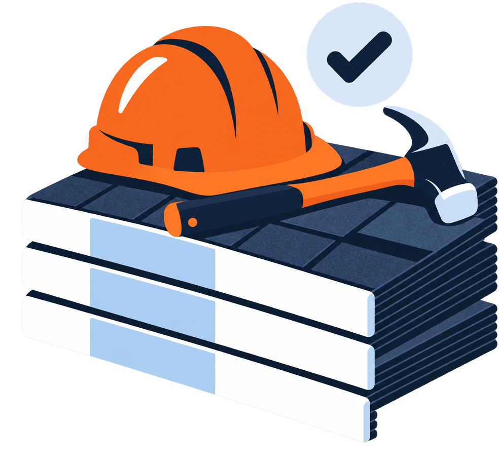 Hard hat and hammer on shingles with a verified badge